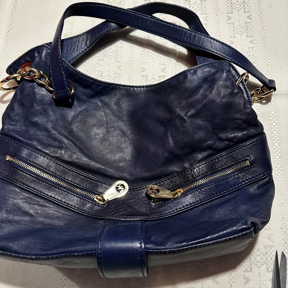 Michael Kors Blue Leather Hobo Shoulder Bag Gold Hardware Clean Interior